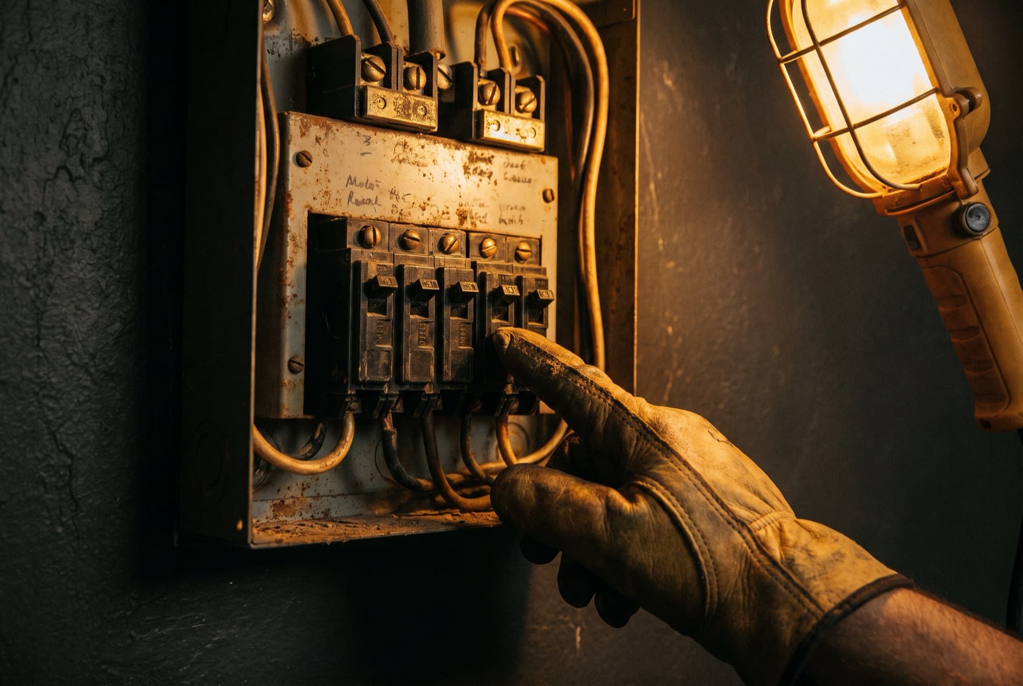 A close inspection of an aged residential electrical panel