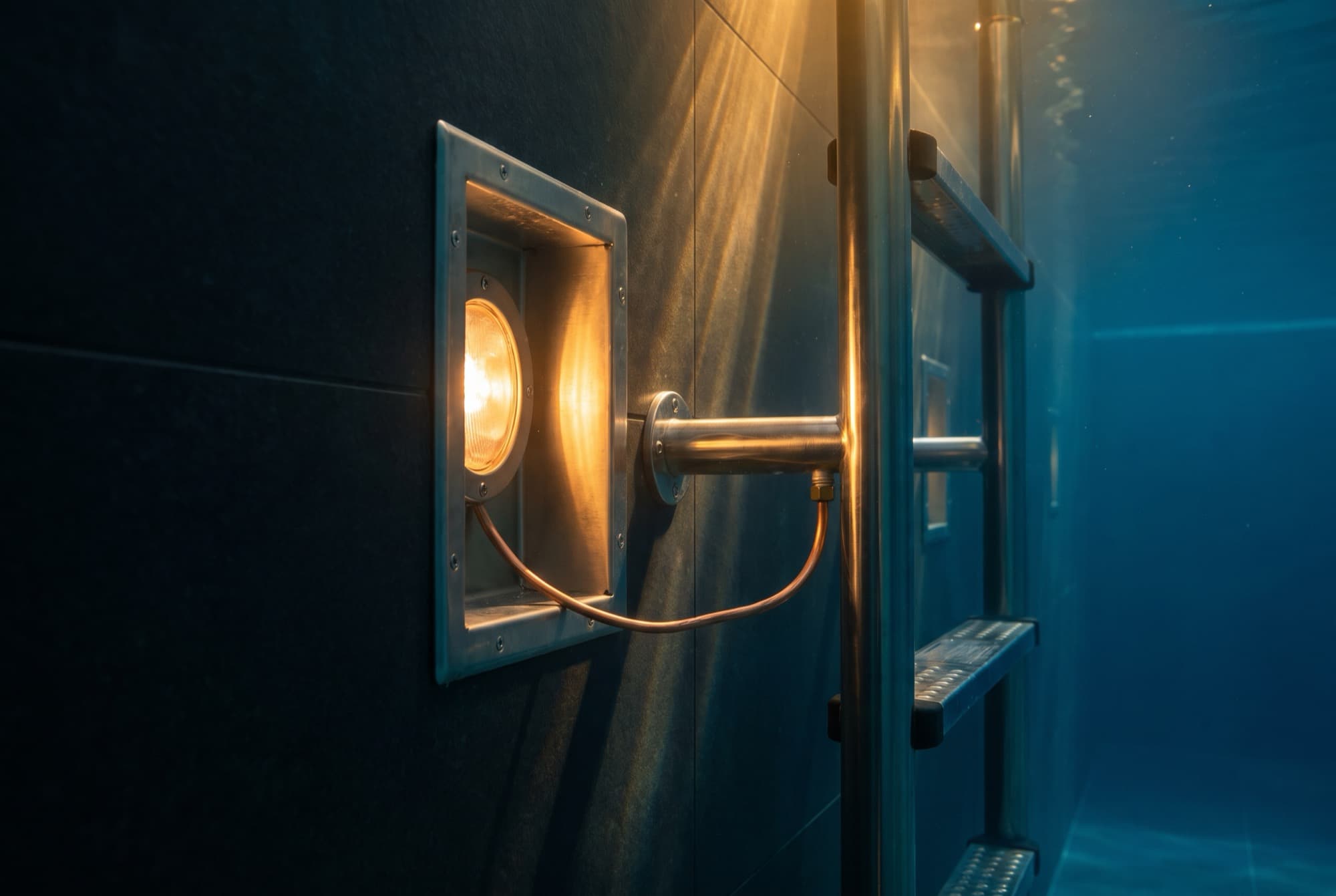 An underwater view of a pool light and a bonded metal handrail