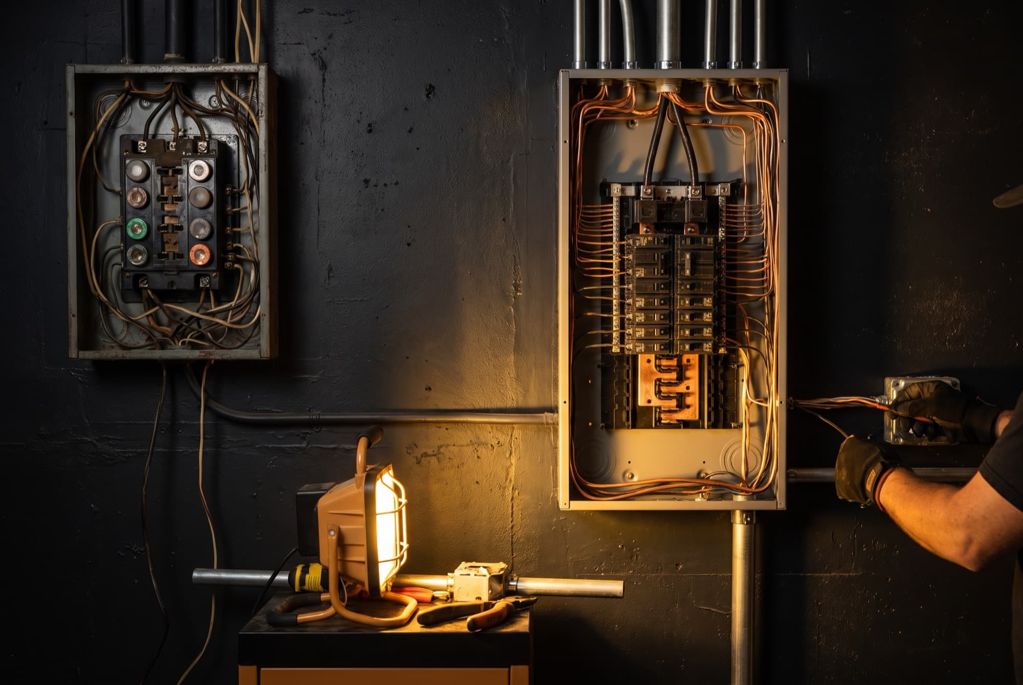 A residential electrical service rebuild in progress
