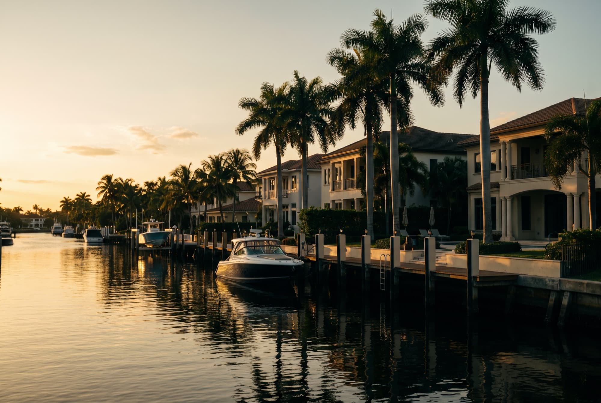 A Fort Lauderdale waterfront neighborhood at golden hour