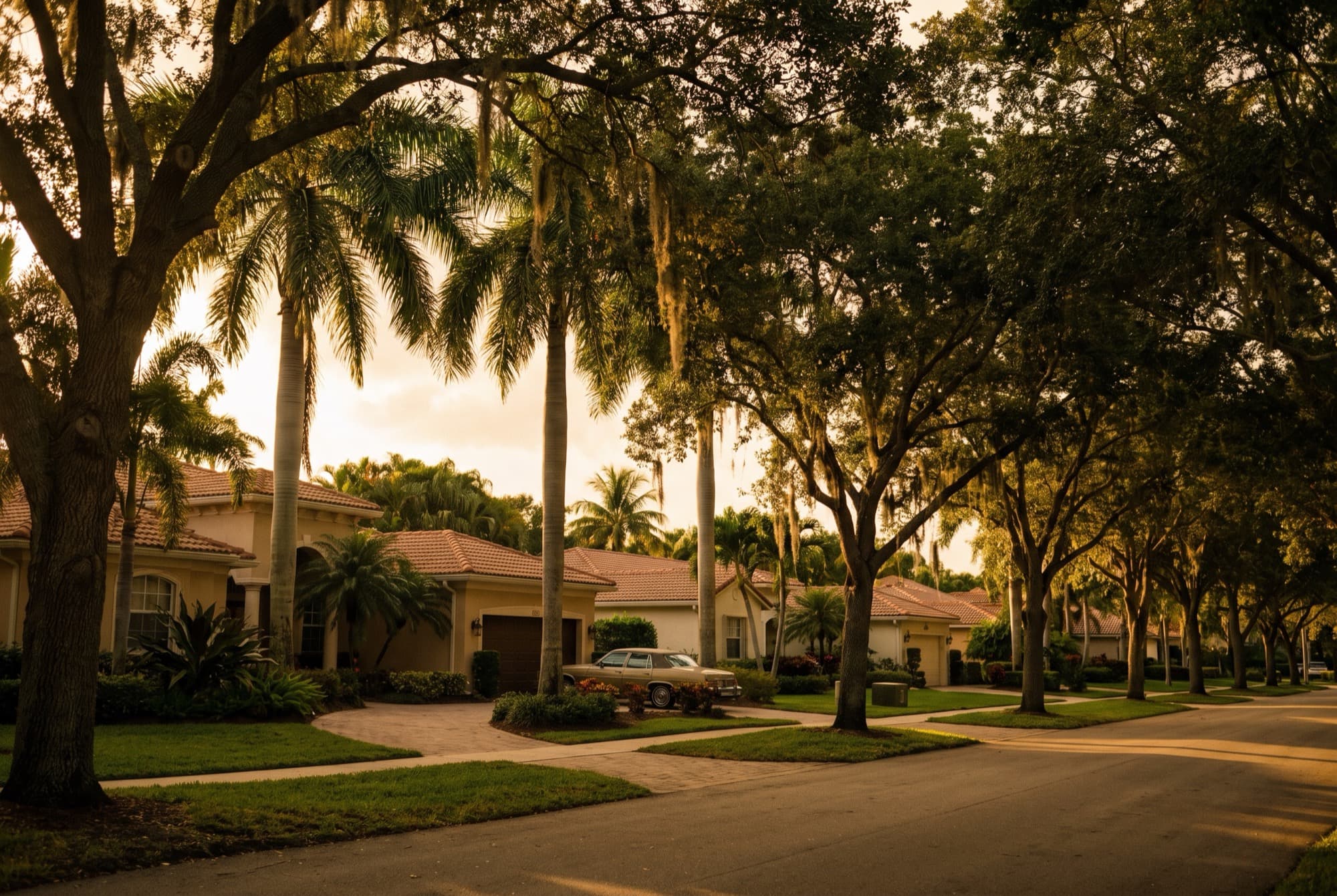 A leafy Plantation neighborhood at golden hour