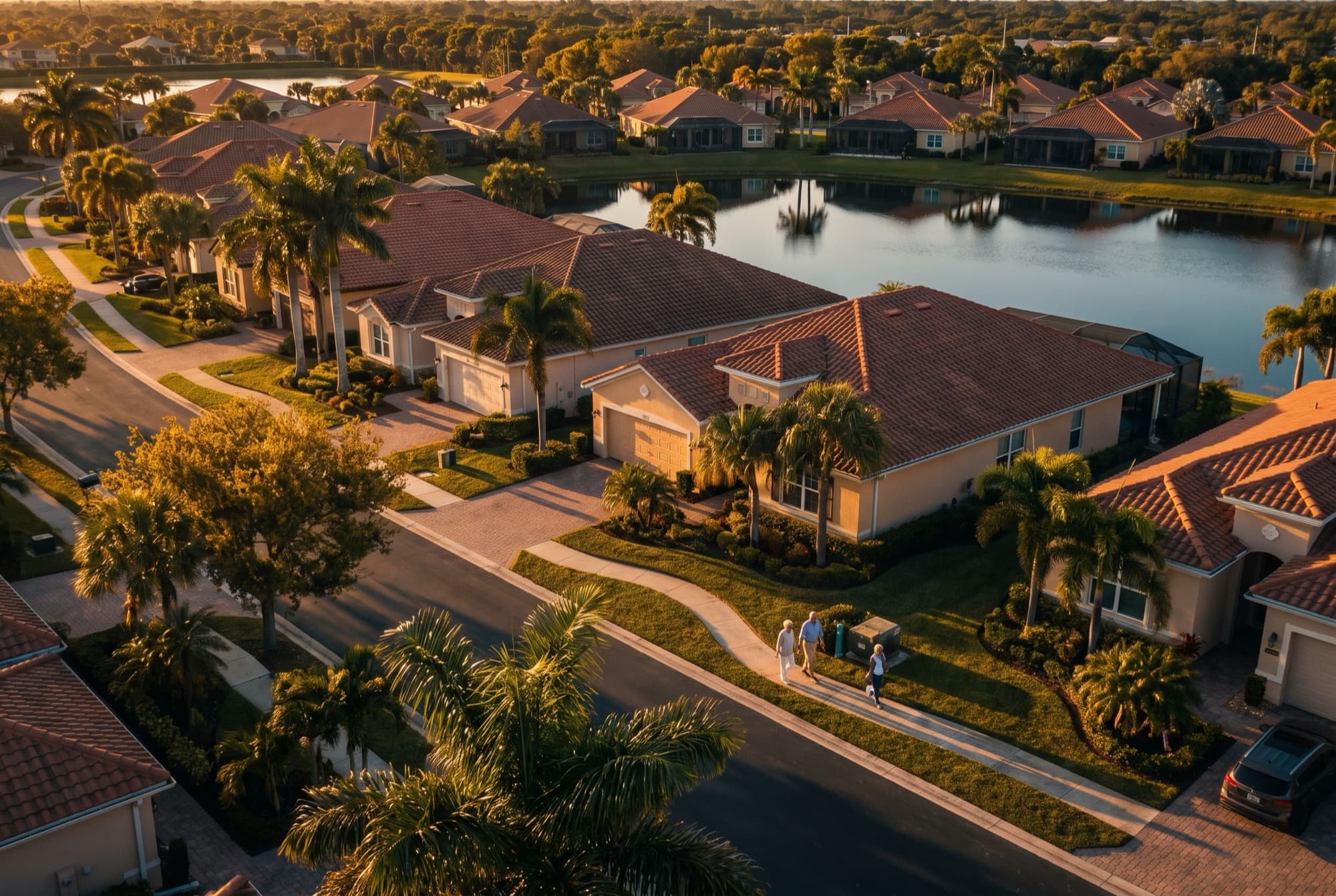 A Tamarac community of homes and palms at golden hour