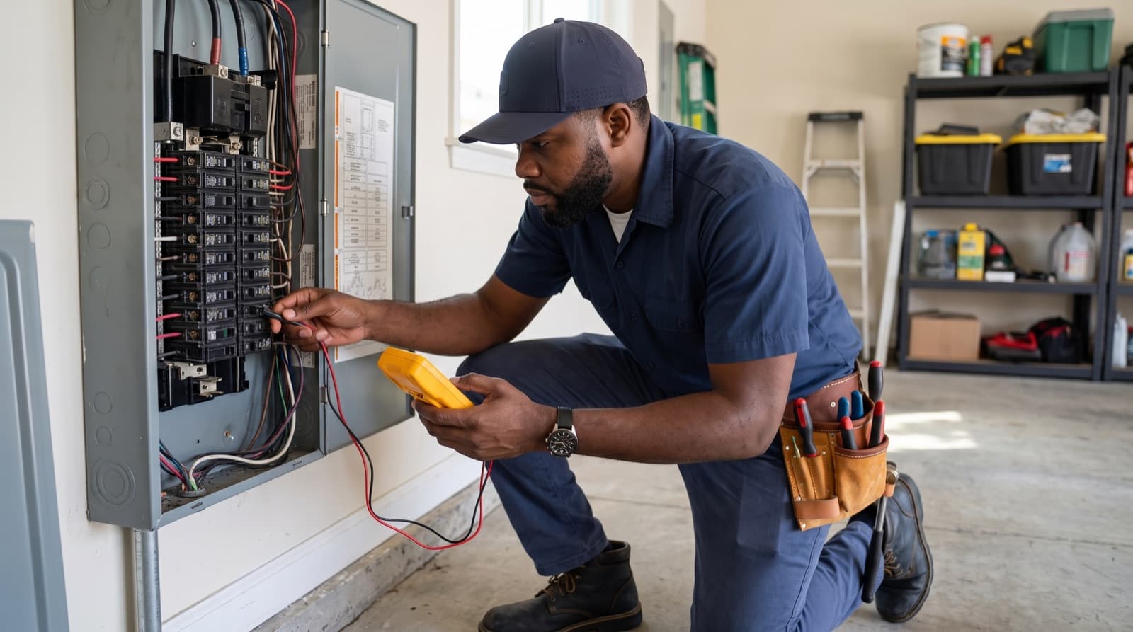 A Ghost Crown Electric electrician crouched at an open residential panel, testing a breaker with a multimeter
