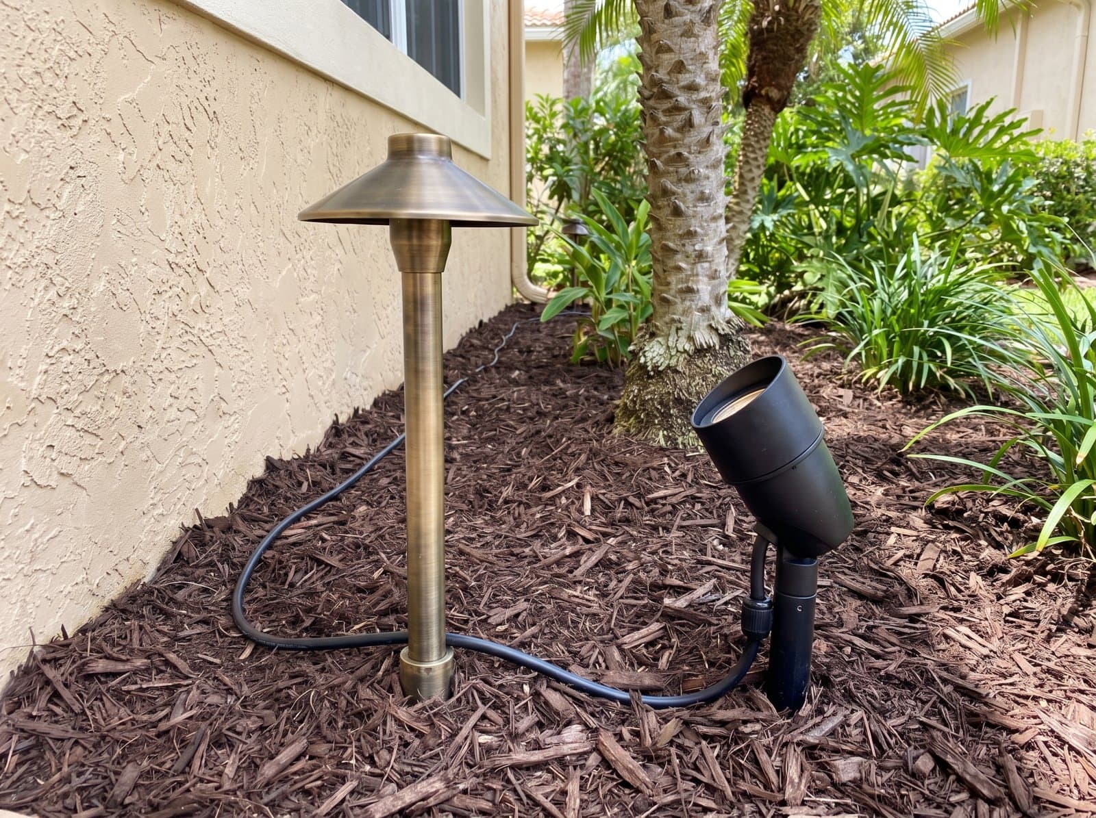 A new brass path light and palm uplight fixture set in a mulch bed beside a South Florida home in daylight