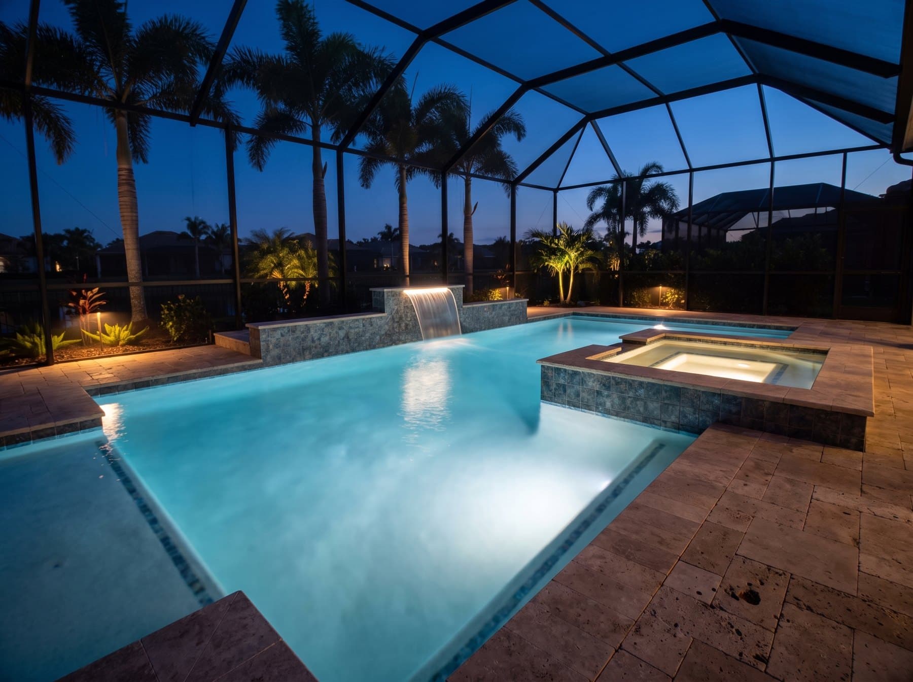 A South Florida pool and raised spa at blue hour, underwater lights, a lit waterfall feature, and landscape lighting inside a screened enclosure