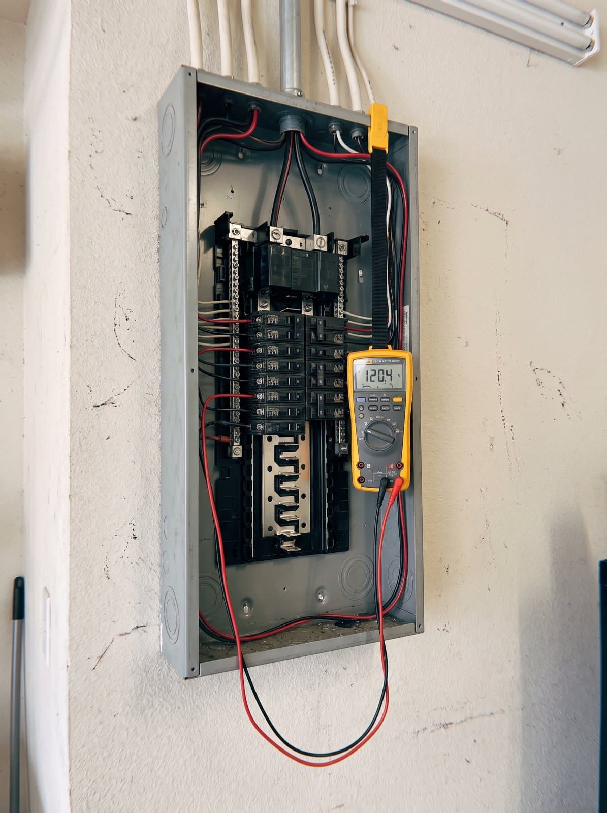 A digital multimeter clipped to an open residential panel with its leads on a breaker terminal, reading 120 volts