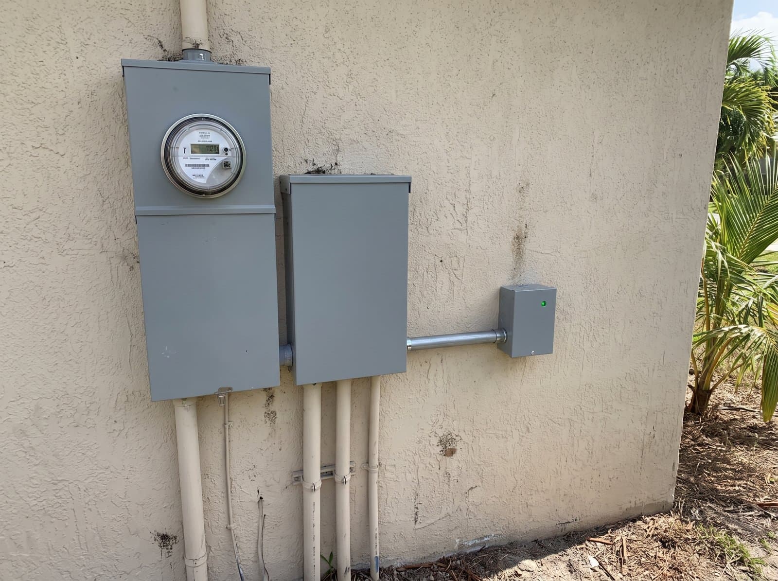 A whole home surge protective device mounted beside the main disconnect below the meter on a South Florida home