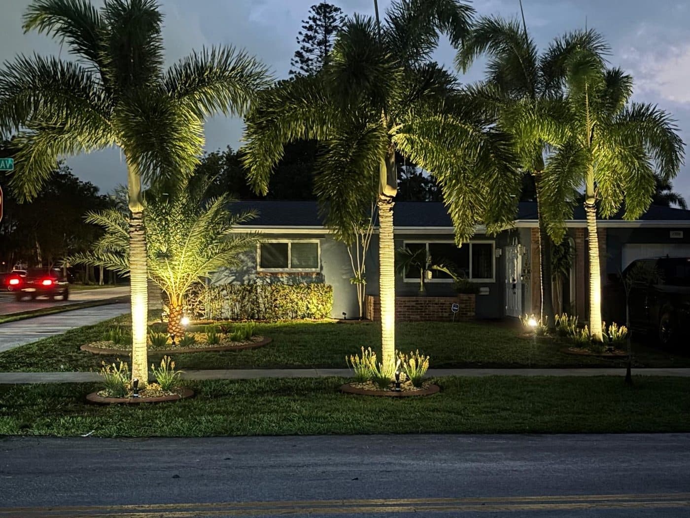 Landscape and palm uplighting on a South Florida home at dusk